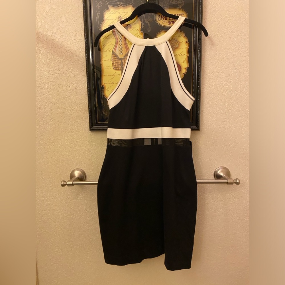 Express black and white halter dress. Zipper back, mesh around waist. SZ LG nwt